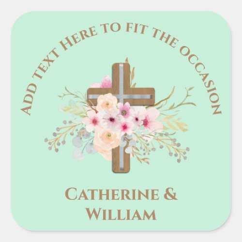 Personalized Baptism  Christening Floral Cross Square Sticker