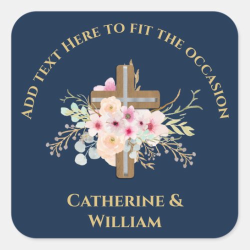 Personalized Baptism  Christening Floral Cross Square Sticker