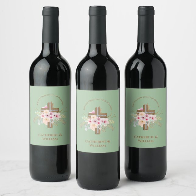 Personalized Baptism & Christening Floral Cross Wine Label (Bottles)