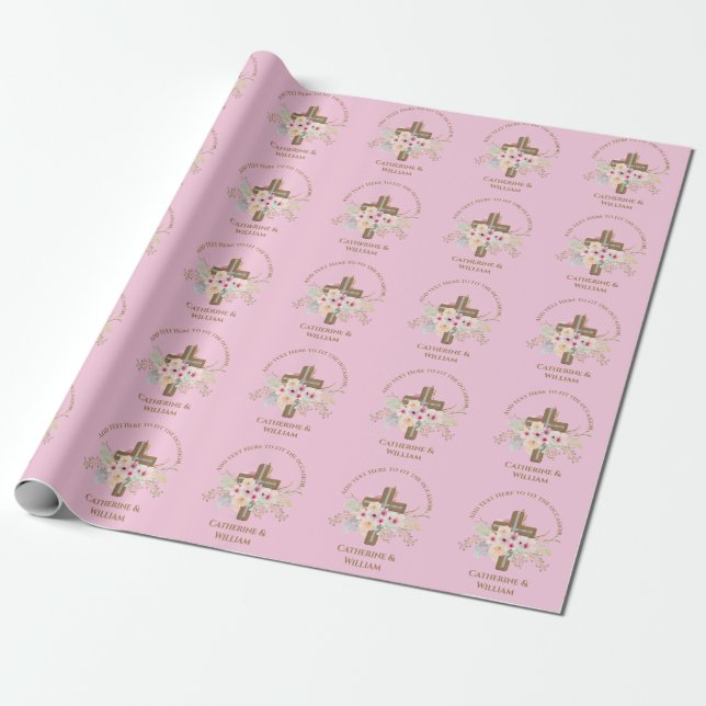 Personalized Baptism & Christening Floral Cross Wrapping Paper (Unrolled)