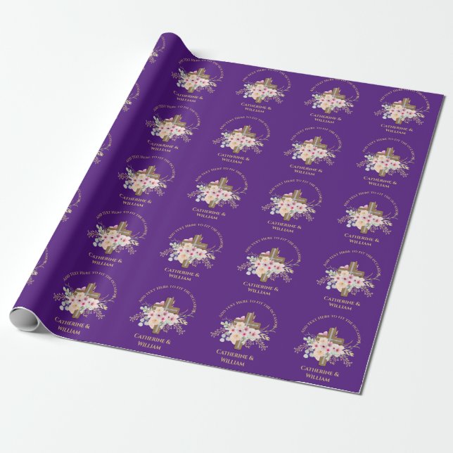Personalized Baptism & Christening Floral Cross Wrapping Paper (Unrolled)