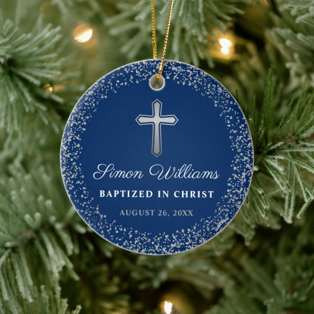 Personalized Baptism Christening Navy Blue Silver Ceramic Ornament (Tree)