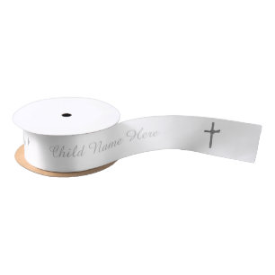  Personalized Baptism Communion Silver Cross Satin Ribbon