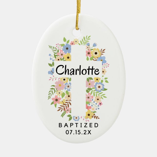 Personalized Baptism Girl Floral Cross Two Sides  Ceramic Ornament (Front)
