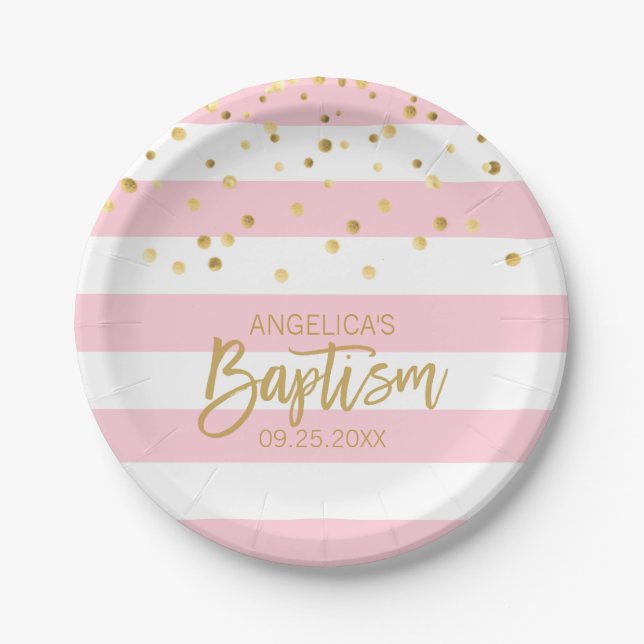 Personalized Baptism GIRL Pink Gold Stripes Paper Plates (Front)