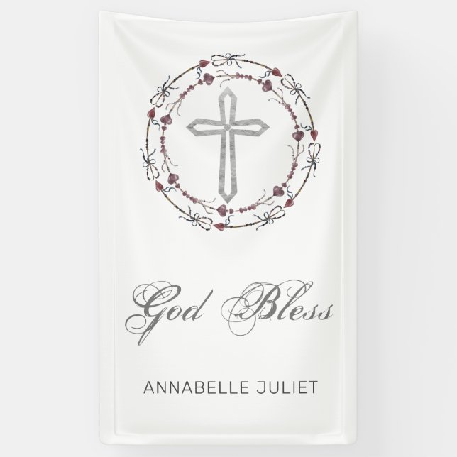 Personalized Baptism God Bless Christian Cross  Banner (Vertical)