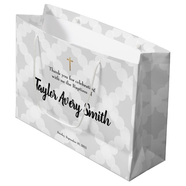 Personalized Baptism Grey Gold Cross Baby Large Gift Bag (Front Angled)
