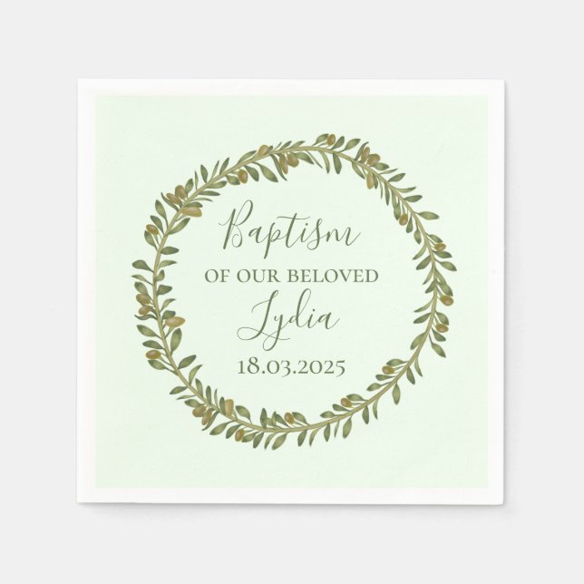 Personalized Baptism Olive Wreath Paper Napkins (Front)