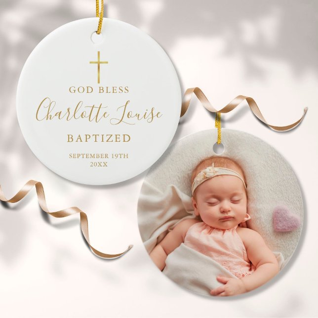 Personalized Baptism Photo Gold Signature Girl Boy Ceramic Ornament (Creator Uploaded)