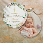 Personalized Baptism Photo Roses Floral Ceramic Ornament<br><div class="desc">Featuring a delicate watercolor floral garland,  this chic boy or girl baptism or christening keepsake ornament can be personalized with your special photo and event details. Designed by Thisisnotme©</div>