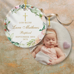 Personalized Baptism Photo Roses Floral Ceramic Ornament