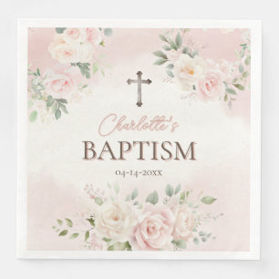 Personalized Baptism Pink Roses Paper Dinner Napkins