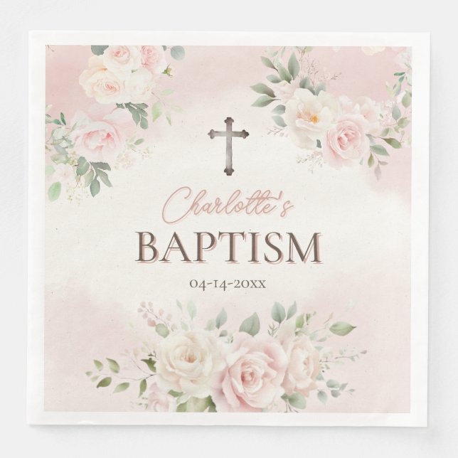 Personalized Baptism Pink Roses Paper Dinner Napkins (Front)