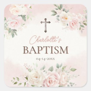 Personalized Baptism Pink Roses Square Sticker