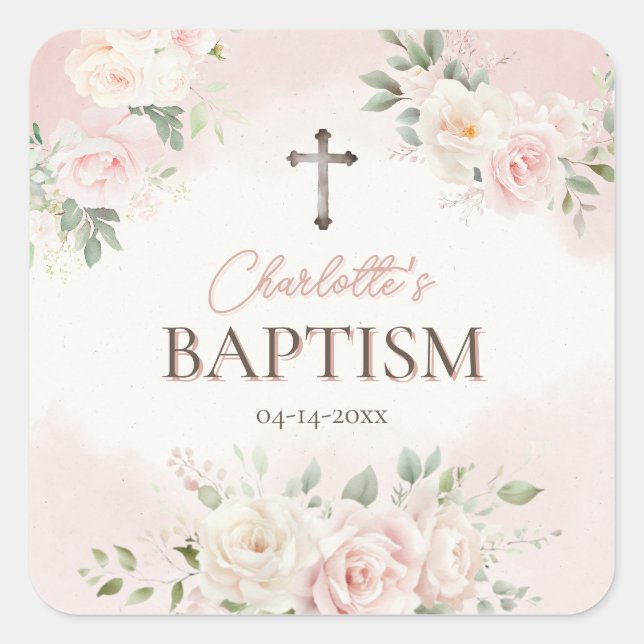 Personalized Baptism Pink Roses Square Sticker (Front)