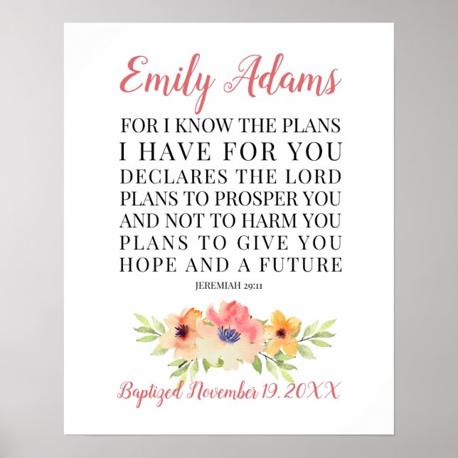 Personalized Baptism Printable, Jeremiah 29:11 Poster (Front)