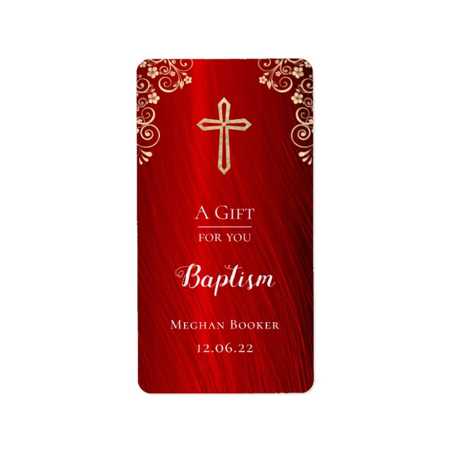 Personalized Baptism Red Gold Hand Sanitizer Label (Front)