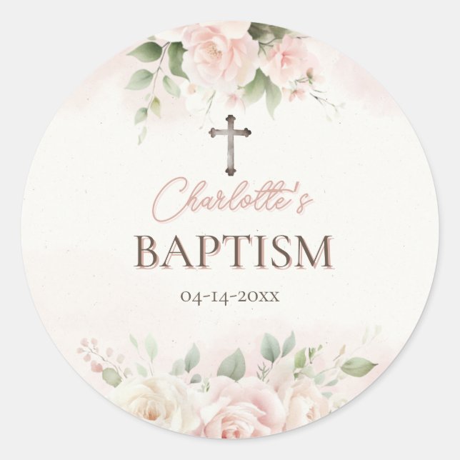 Personalized Baptism Sticker - Elegant Pink Roses  (Front)