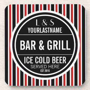 Personalized Bar and Grill Black White Red Beverage Coaster
