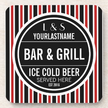 Personalized Bar And Grill Black White Red Beverage Coaster by PartyHearty at Zazzle