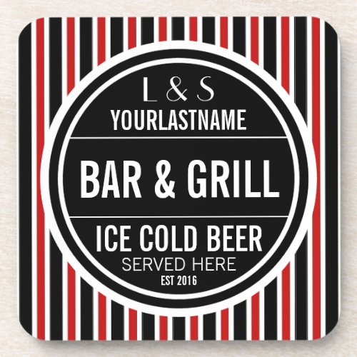 Personalized Bar and Grill Black White Red Beverage Coaster