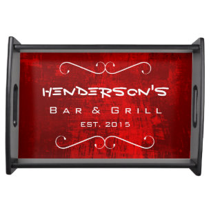 Personalized Bar and Grill on Red Grunge Texture Serving Tray