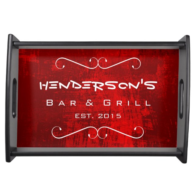 Personalized Bar and Grill on Red Grunge Texture Serving Tray (Front)