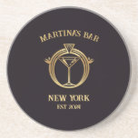 Personalized Bar Sign Bar Coaster with Custom Name<br><div class="desc">"personalized bar sign",  "personal custom pub coaster",  "customized with your name",  "personalized pub sign",  "add your own text",  "established est date",  "home gold martini glass logo",  "alcohol drinking fun novelty",  "bartender stylish black decor",  "dark art deco nouveau"</div>