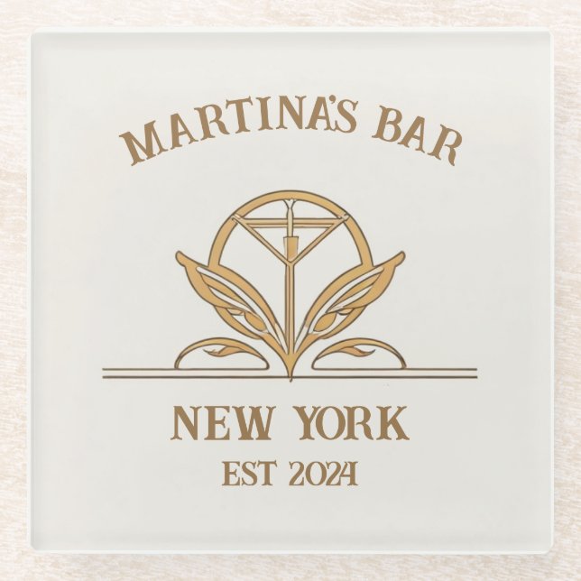 Personalized Bar Sign Martini Logo Custom Name Glass Coaster (Front)