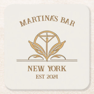 Personalized Bar Sign Martini Logo Custom Name Square Paper Coaster