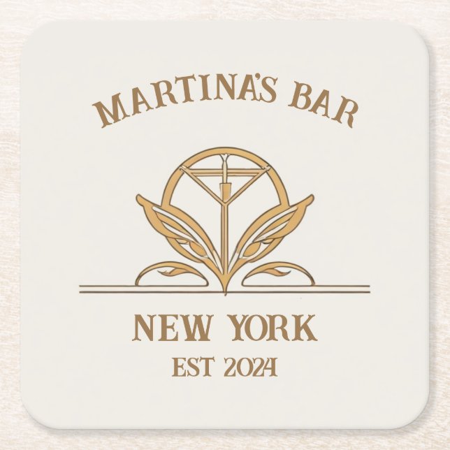 Personalized Bar Sign Martini Logo Custom Name Square Paper Coaster (Front)