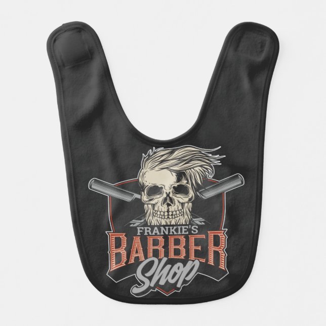 Personalized Barber Shop Hipster Skull and Razors  Baby Bib (Front)