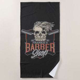 Personalized Barber Shop Hipster Skull and Razors Beach Towel