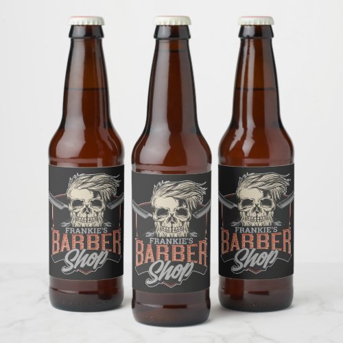 Personalized Barber Shop Hipster Skull and Razors  Beer Bottle Label