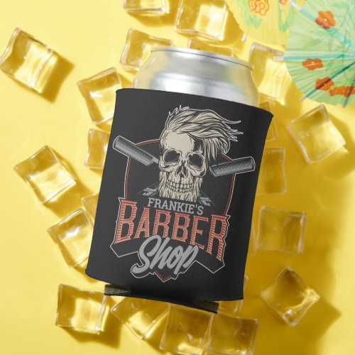 Personalized Barber Shop Hipster Skull and Razors  Can Cooler