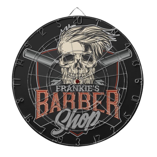 Personalized Barber Shop Hipster Skull and Razors Dart Board (Front)