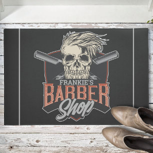 Personalized Barber Shop Hipster Skull and Razors Doormat