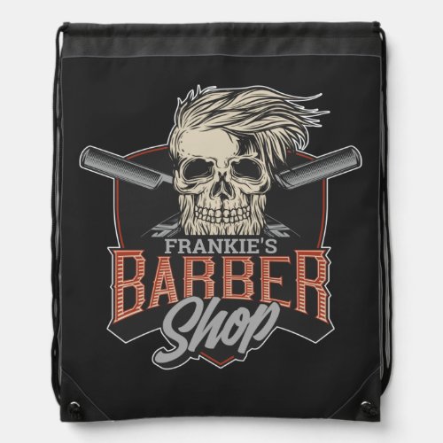 Personalized Barber Shop Hipster Skull and Razors  Drawstring Bag
