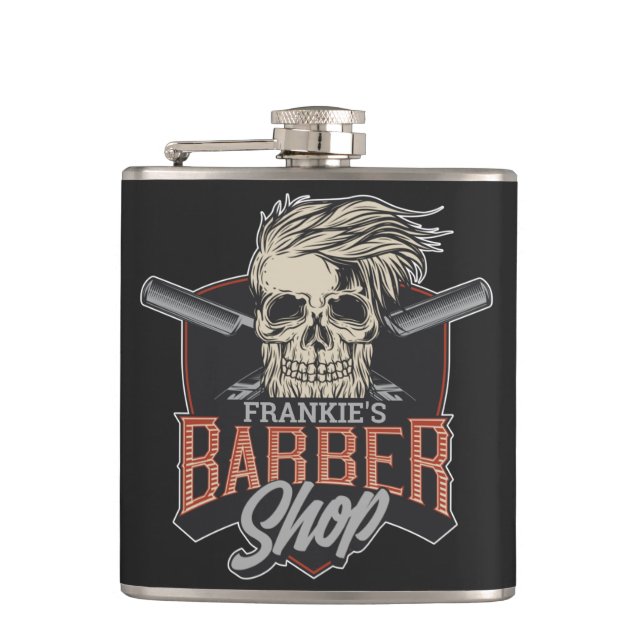 Personalized Barber Shop Hipster Skull and Razors  Flask (Front)