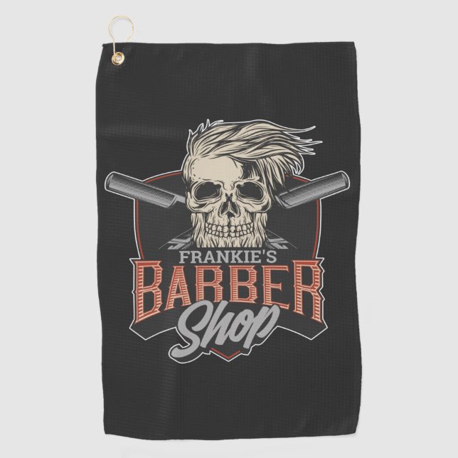 Personalized Barber Shop Hipster Skull and Razors Golf Towel (Front)