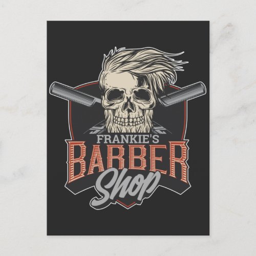 Personalized Barber Shop Hipster Skull and Razors  Holiday Postcard