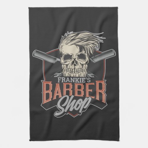Personalized Barber Shop Hipster Skull and Razors  Kitchen Towel