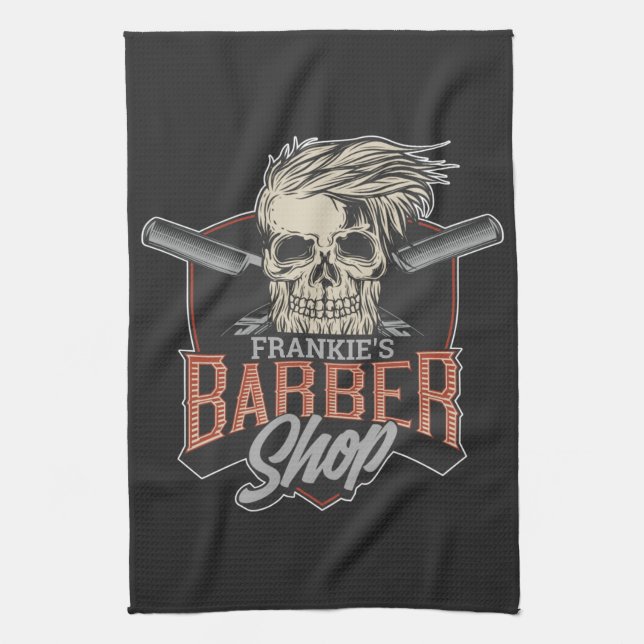 Personalized Barber Shop Hipster Skull and Razors  Kitchen Towel (Vertical)