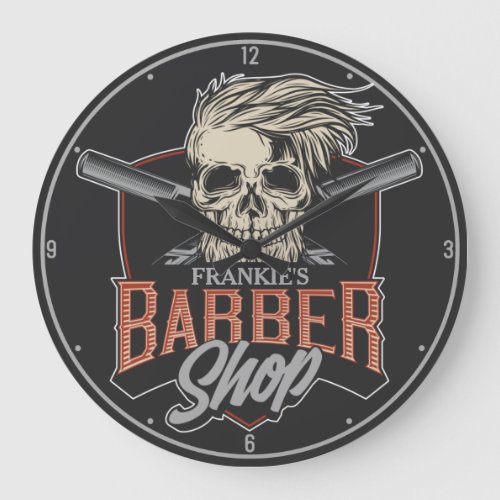 Personalized Barber Shop Hipster Skull and Razors Large Clock