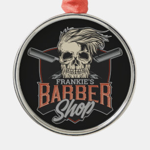 Personalized Barber Shop Hipster Skull and Razors  Metal Ornament