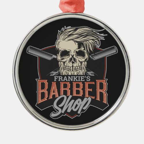 Personalized Barber Shop Hipster Skull and Razors  Metal Ornament