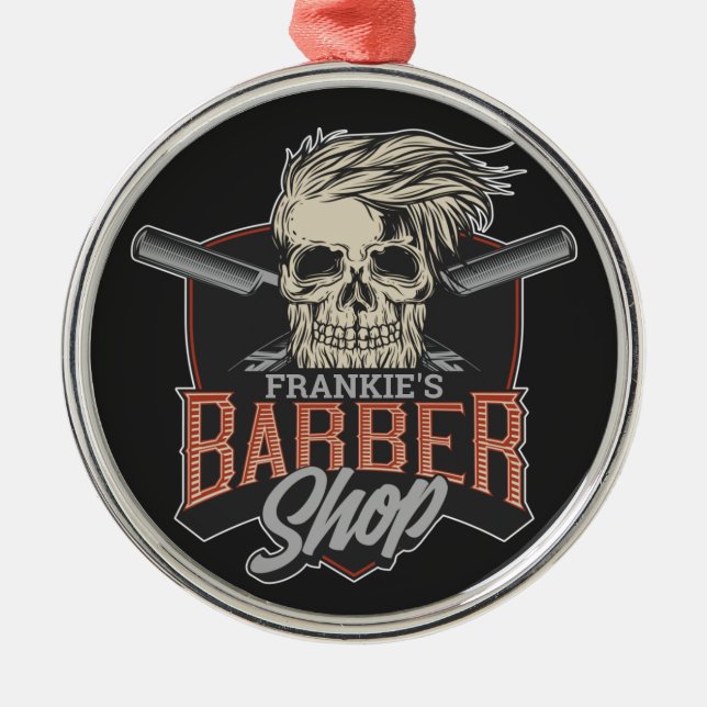 Personalized Barber Shop Hipster Skull and Razors  Metal Ornament (Front)