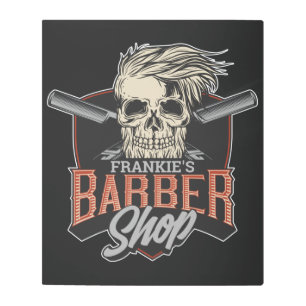 Personalized Barber Shop Hipster Skull and Razors  Metal Print