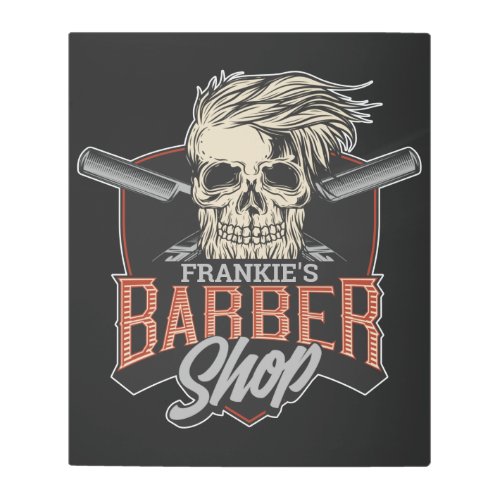 Personalized Barber Shop Hipster Skull and Razors  Metal Print