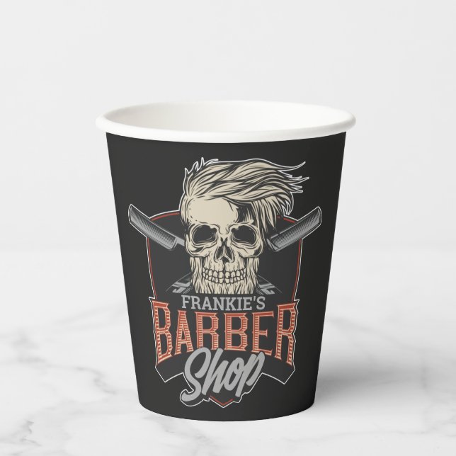 Personalized Barber Shop Hipster Skull and Razors Paper Cups (Front)